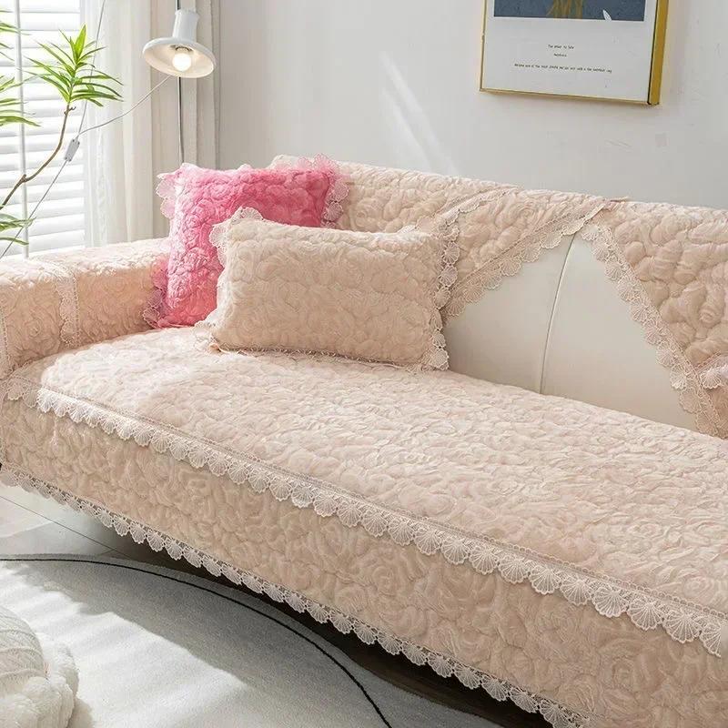 Winter Rose Sofa Towel  Thick Warm  Mat New Modern Minimalist Anti Slip Plush Seat Cushion Set Backrest Cover Cloth