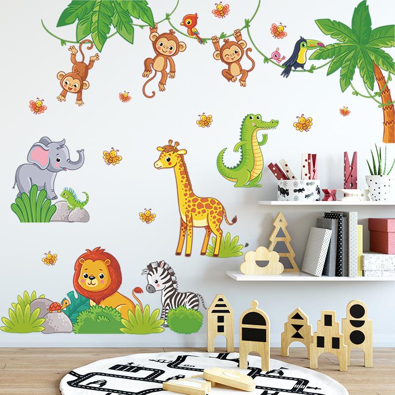 Cartoon Wall Stickers Elephant Zebra Giraffe Monkey Stickers Living Room Sofa Bedroom Background Wall Decoration Wallpaper