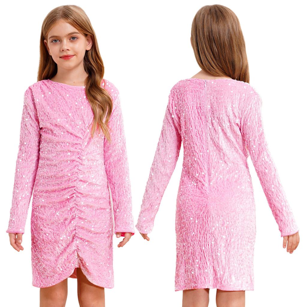 Girls Glitter Sequin Party Dress Long Sleeve Velvet Ruched Front Bodycon Gown for Birthday Prom