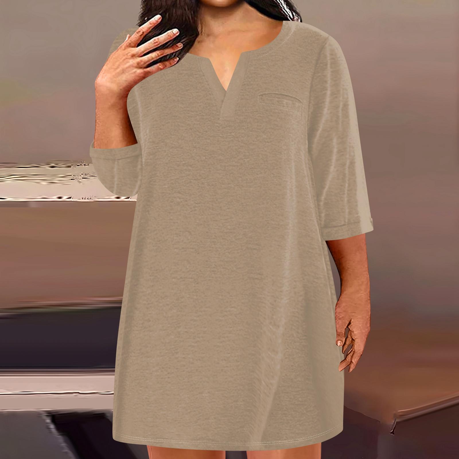 

Женская мода большого размера с v-образным вырезом и семью рукавами, повседневные однотонные свободные платья с карманами XXXXXL хаки