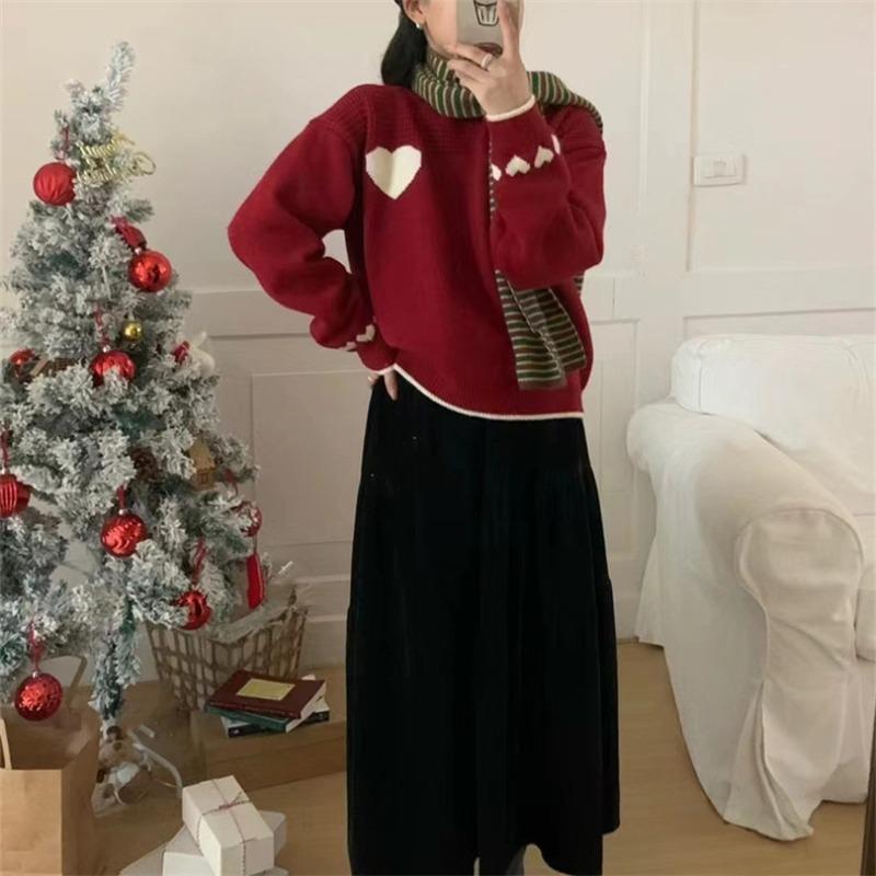 Autumn and winter new knitted pullover sweater women's contrasting color love fashion versatile and thin top women
