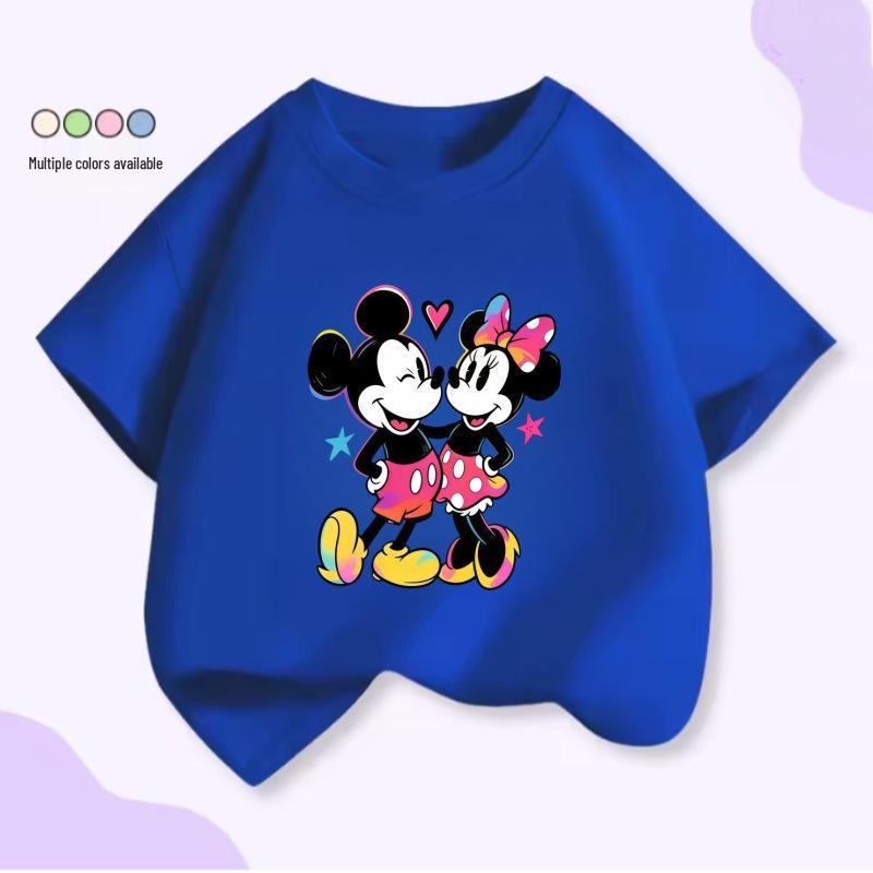 Cartoon Mickey & Minnie Print Summer Short Sleeve Cotton T-Shirt for Kids - Round Neck, Casual Fit