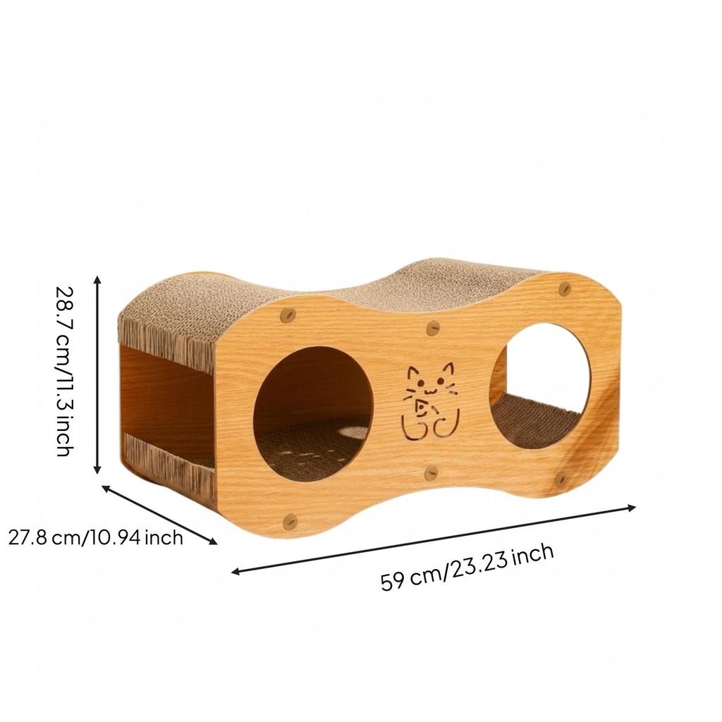 Cat Scratcher House with Tunnel Wood-Grain Pet