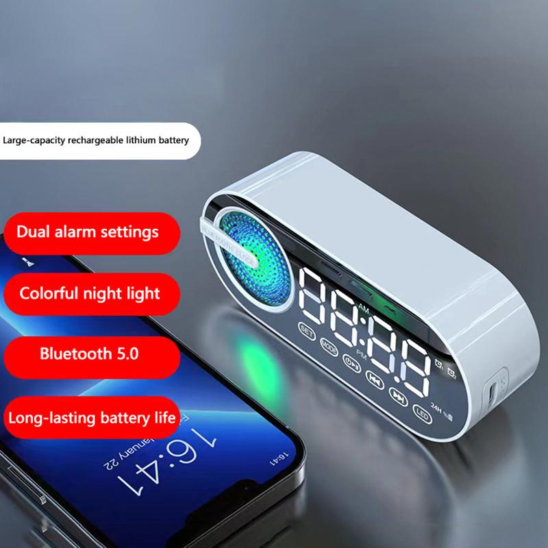 Digital Vekkerklokke Bluetooth 5.0 Høyttaler LED-skjerm Speil Bordvekkerklokke Med FM-radio Støtte TF-kortavspilling Håndfri samtale