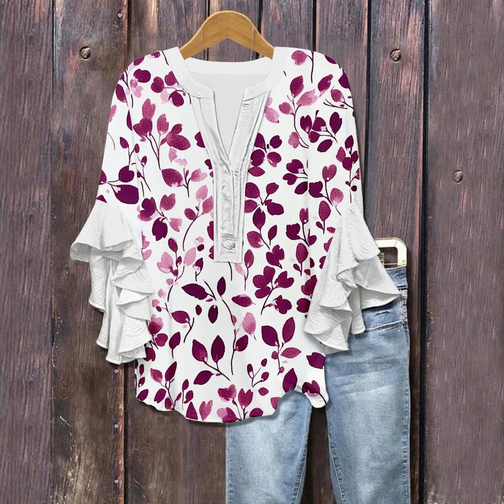 Women's Summer Tops V Neck Three-quarter Sleeves Floral Print Flowing Ruffle Sleeves Half-button Shirt