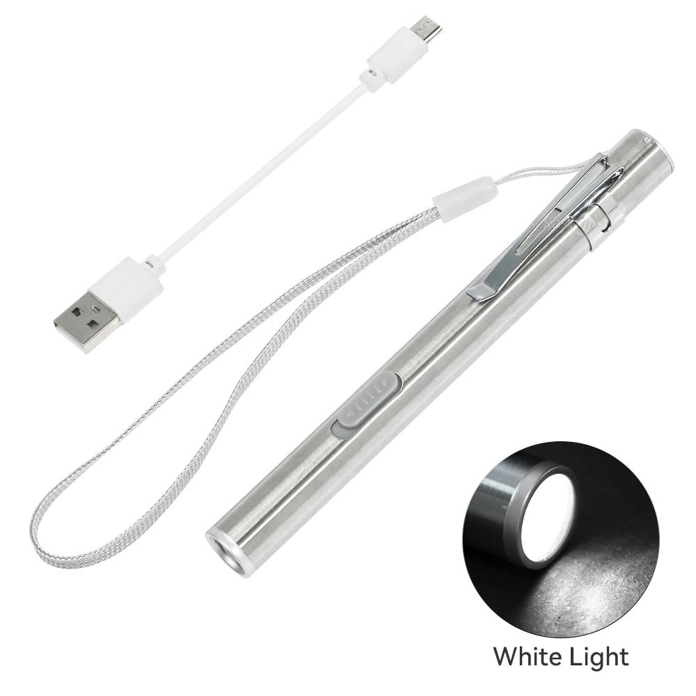 Professional Medical Handy Portable Pen Shaped USB Rechargeable Mini Flashlight LED Torch Hard Light with Stainless Steel Clip