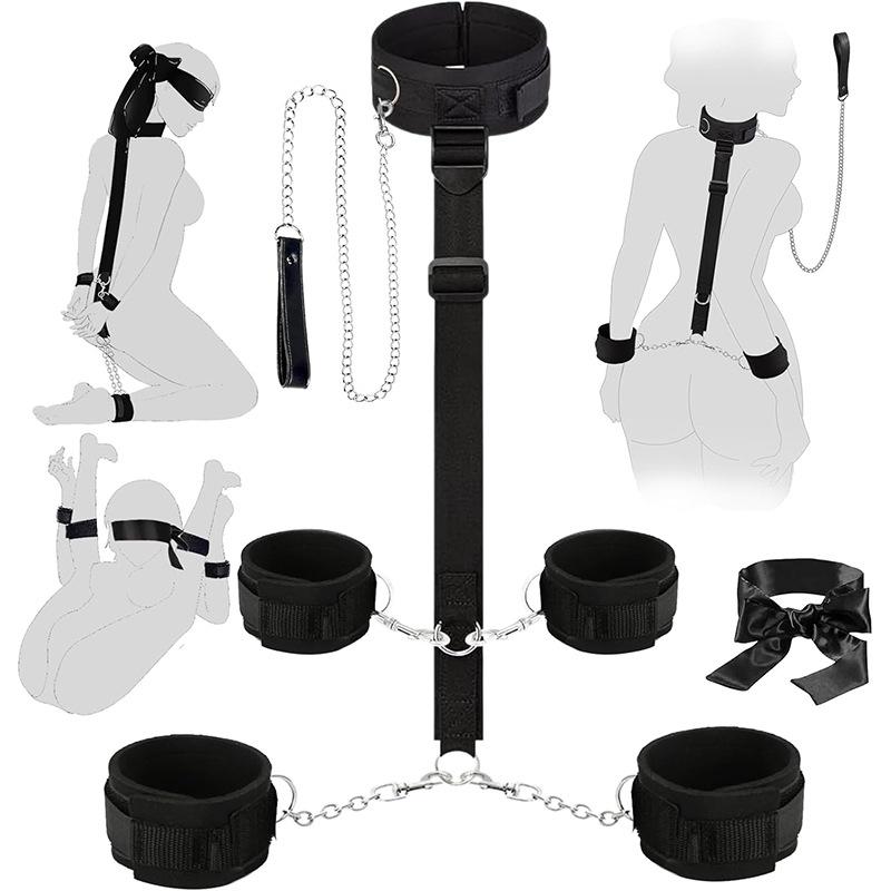 Hand Leg Restraint Collar Leash Handcuffs Leg Cuff Eye Blinder Sex Toy Set Backhandcuff Neck Leashes Silky Eye Patch