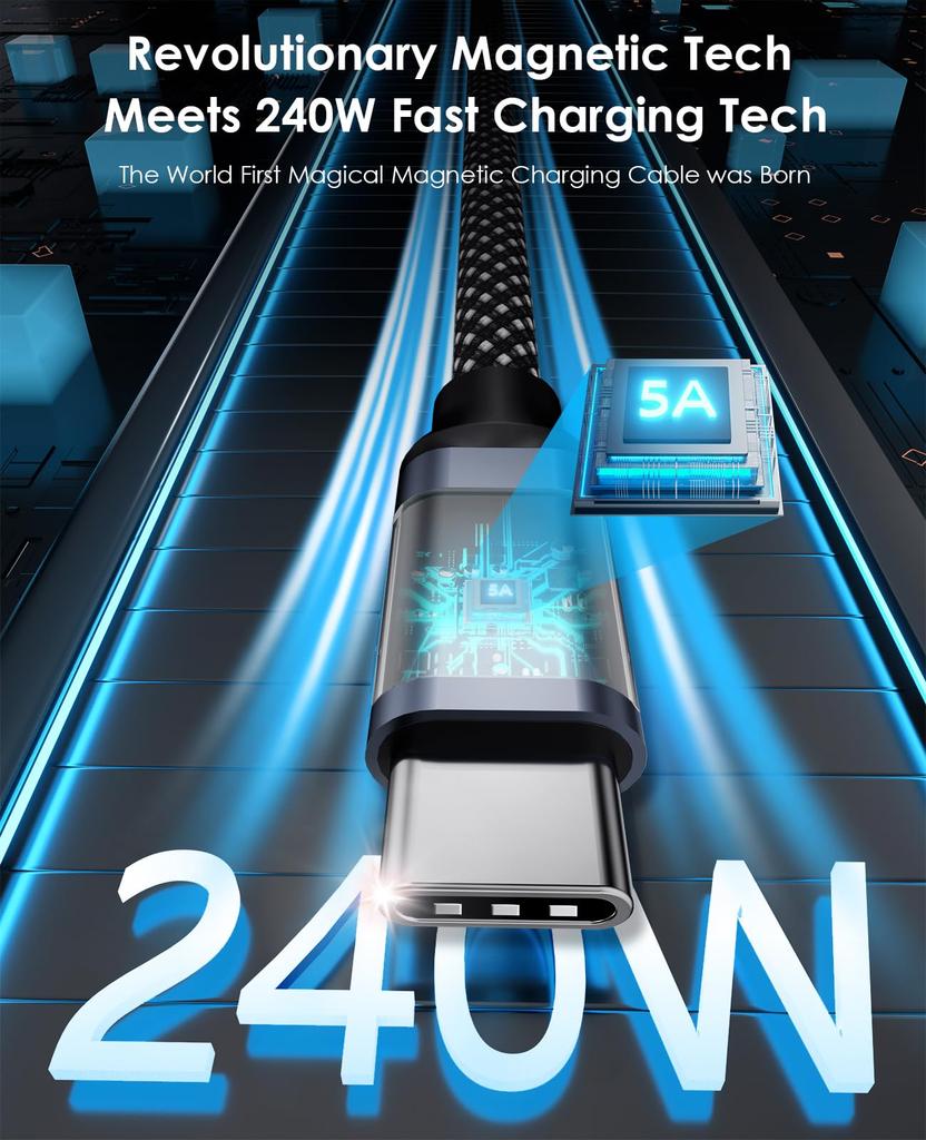 Magtame Magnetic Automatic Fast Metal Double Compatible with Type-C Cable, Storage, 240W/5A Charging, Type-C Cable, QC4.0/PD3.1 Compatible, USBC-USBC