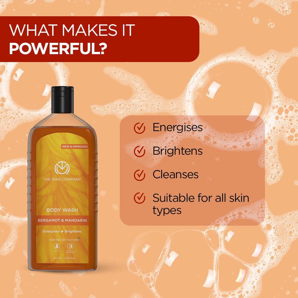 The Man Company Perfumed Body Wash- Bergamot & Mandarin | Shower Gel for Glowing & Bright Skin | With Turmeric & Orange Peel Extract | Long-Lasti