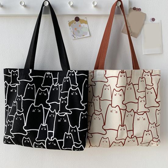 Women Canvas Bag Cat Pattern Zipper Design Tote Bag Large Capacity Japanese Style Lightweight Shoulder Bag