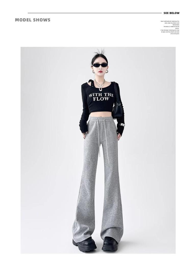 2024 Women's American Retro Petite Slimming Sports Pants, Spring/Autumn, Micro Flare with Drawstring