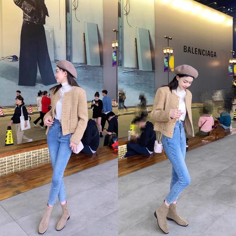 ~ Retro Square Head Suede Versatile Thick Heel Heightened Thin Short Boots Women's Autumn and Winter Large Size 42