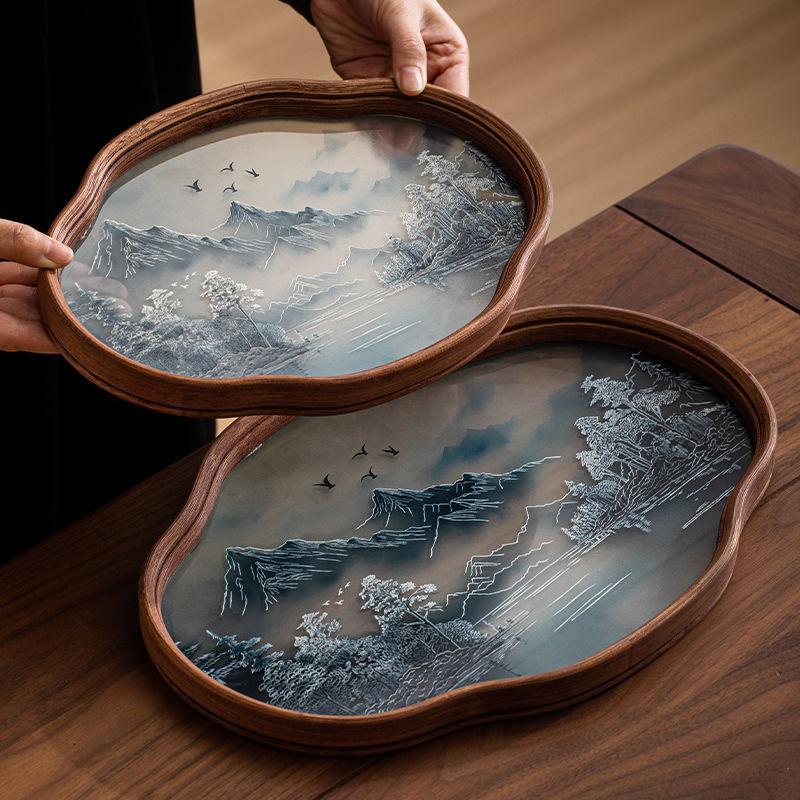 Bamboo Wood Glass Tea Tray Chinese Retro Ink Wind Dry Bubble Tray Simple Kung Fu Tea Tray Tea Set Storage Accessories
