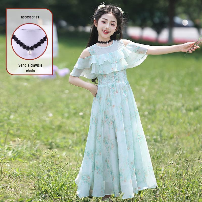 2026 Summer Elegant Chiffon Floral Dress for Girls - Princess Style Long Skirt for Middle and Big Kids 140 cm