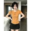 Korean version of the design sense of Henry collar horn buckle short-sleeved t-shirt women's summer new unique chic slim-fitting beautiful top