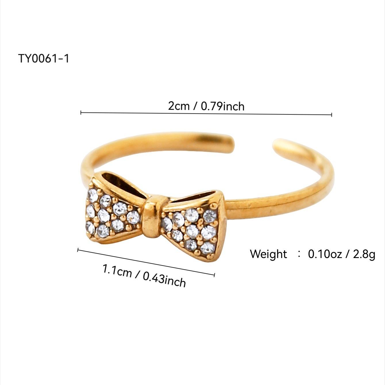 

Korean Ins Fashion Exquisite Temperament Y2K Style Stainless Steel With Diamonds Plated 18K Gold Bow Open Ring Female Gold-color