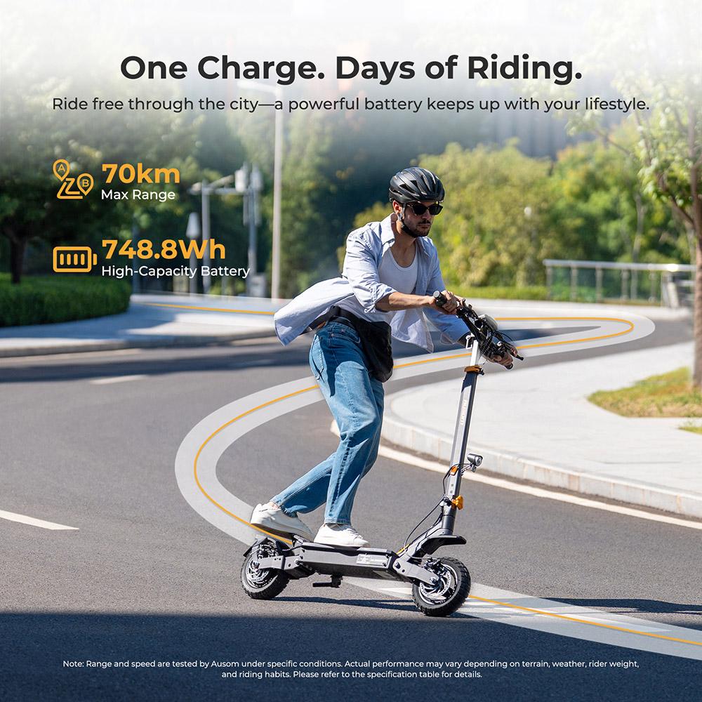 Monopattino Elettrico Ausom L1 ABE 15.6Ah – Autonomia 70km, Motore 930W, Sospensione Integrale, Freni a Disco & Accesso NFC, Certificato ABE