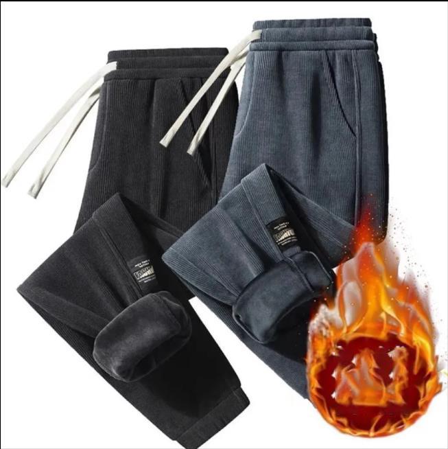 Men Cozy Corduroy Casual Trousers Loose Ties At The Legs, Autumn Winter Plus Size Plush and Thickened Versatile Sweatpants