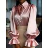 New Elegant Commuter Puff Long Sleeve Lapel Satin Womens Shirt Casual Loose Office Blouse New Lapel Simple Fashion Solid Color Tops