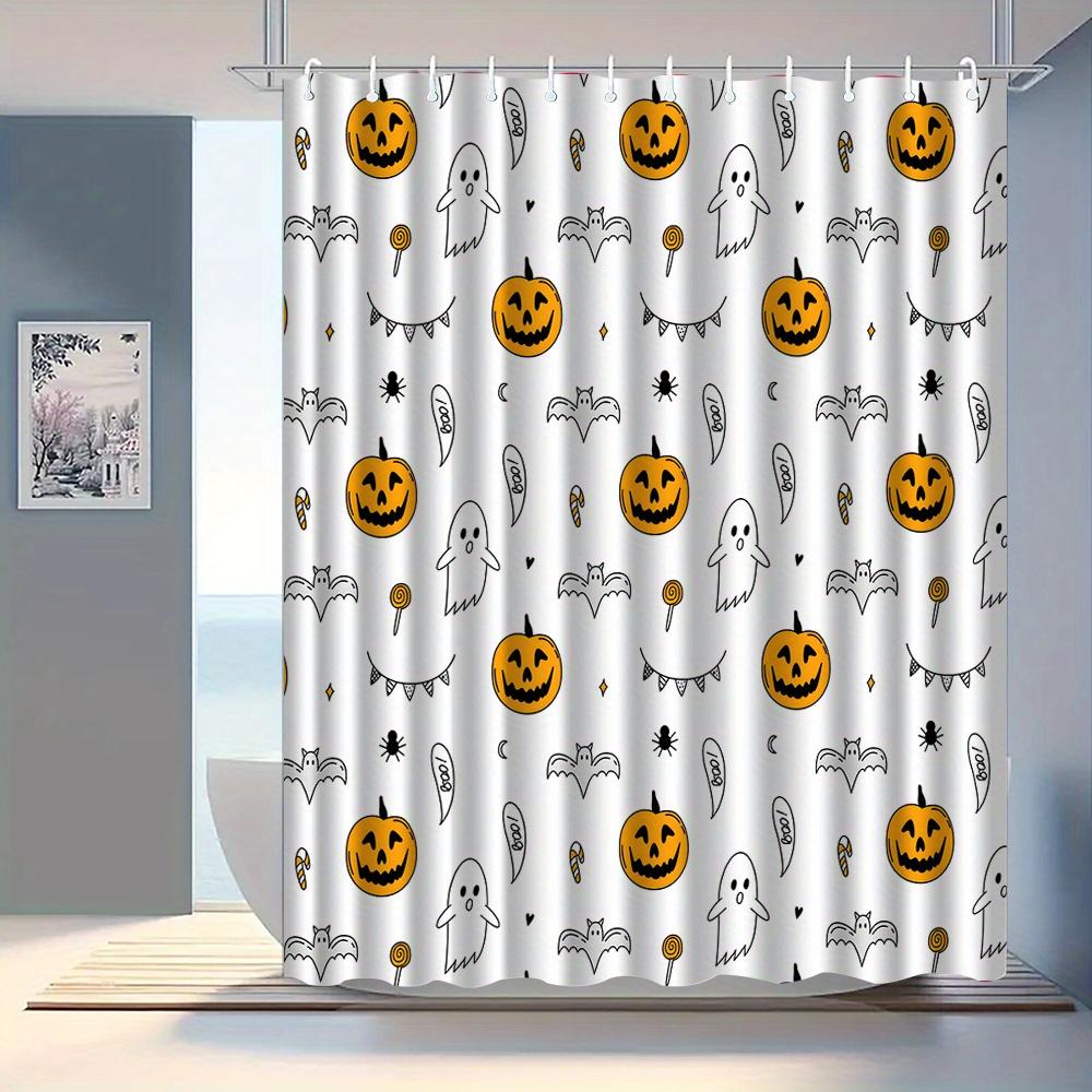 1pc Pumpkin-patterned shower curtain, polyester fabric, machine washable, with hooks, suitable for bathroom décor.