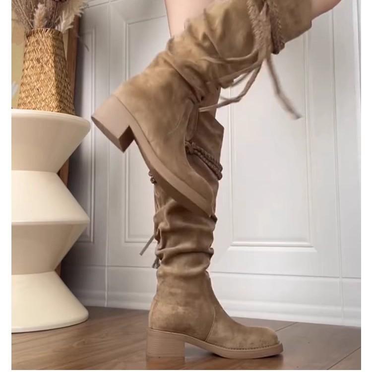 Retro Wasteland Wind Fringed Knight Boots Thick Heel But Knee Long Boots Skinny Shoes Pile Medium Boots Women