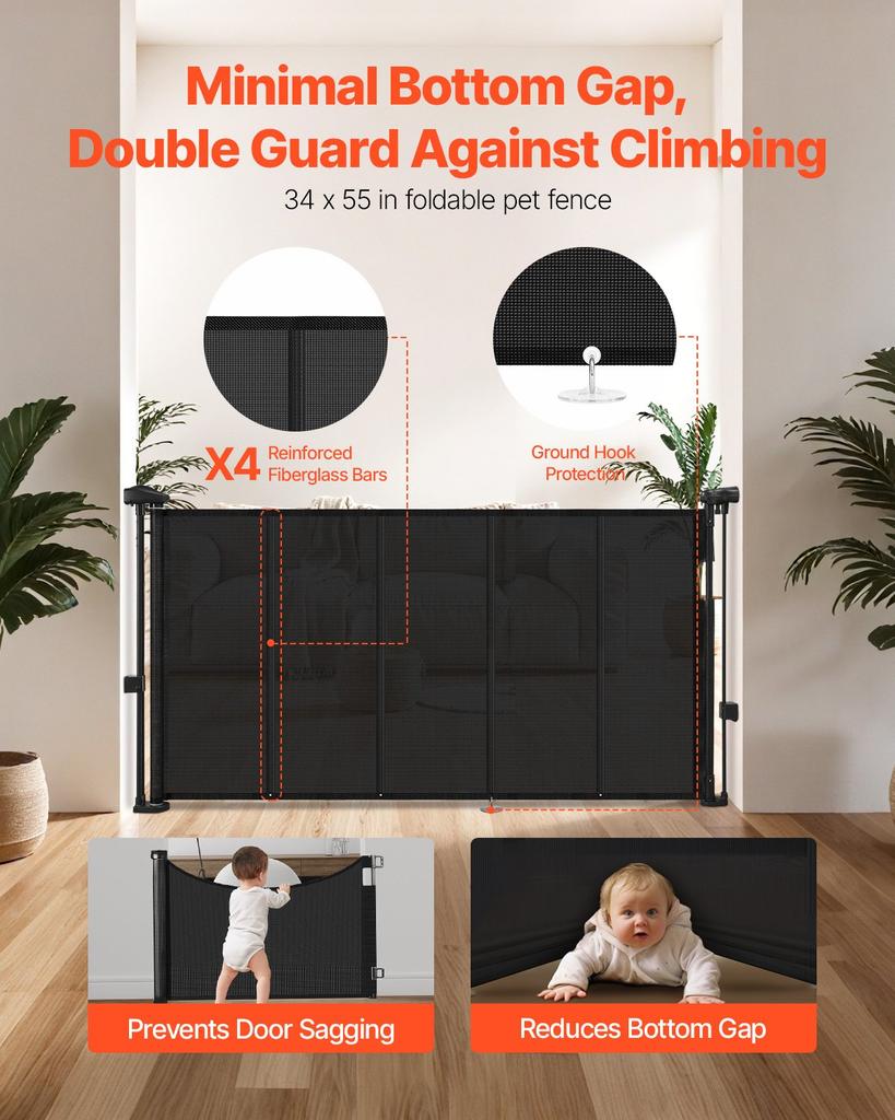 VEVOR Retractable Baby Gate, 870 mm Tall, Extends up to 1400 mm Wide, Retractable Gate for Kids or Pets, Mesh Material