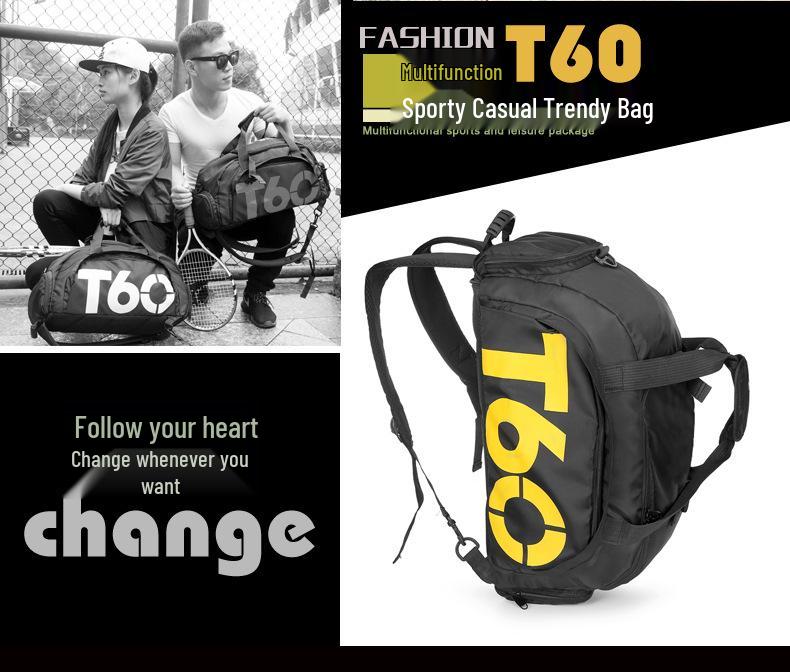 T60 Sports Travel Bag - Double Shoulder, Dry/Wet Separation, Gym & Yoga Bag for Men and Women.