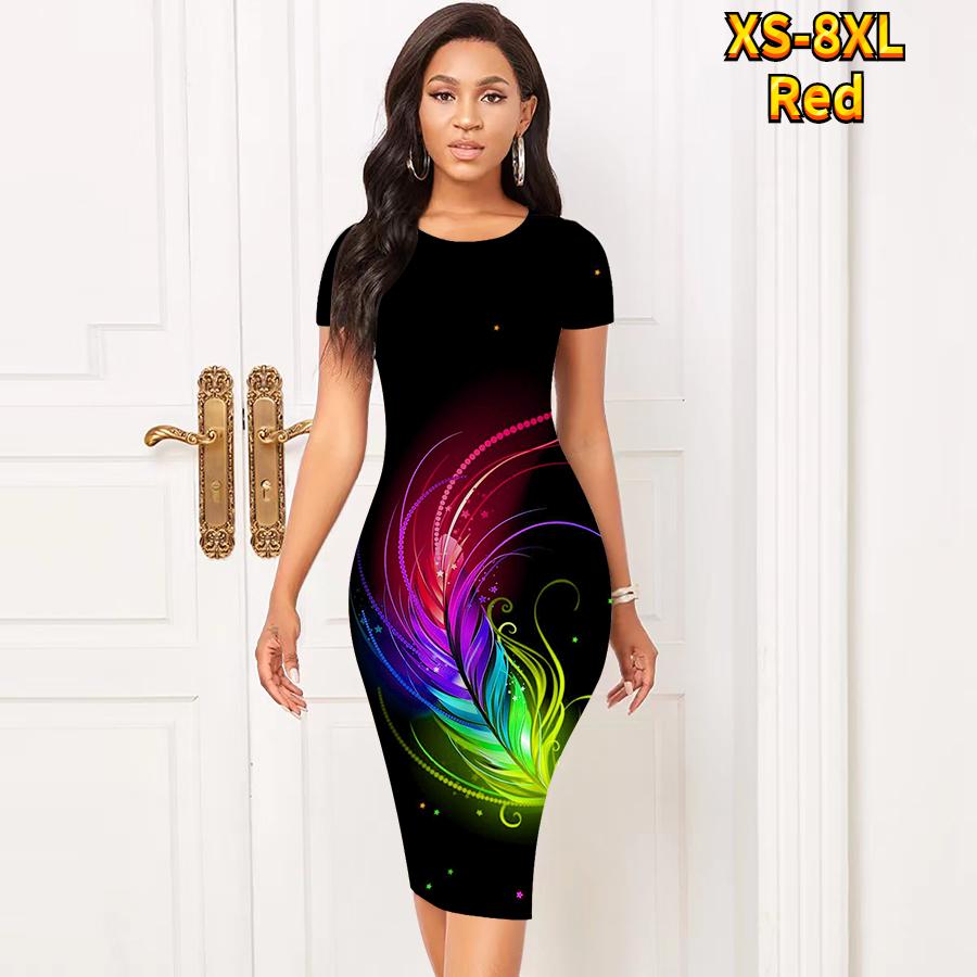 

Тонкое платье длиной до колена с коротким рукавом, модное женское платье миди с 3D разноцветным принтом перьев XXL красный