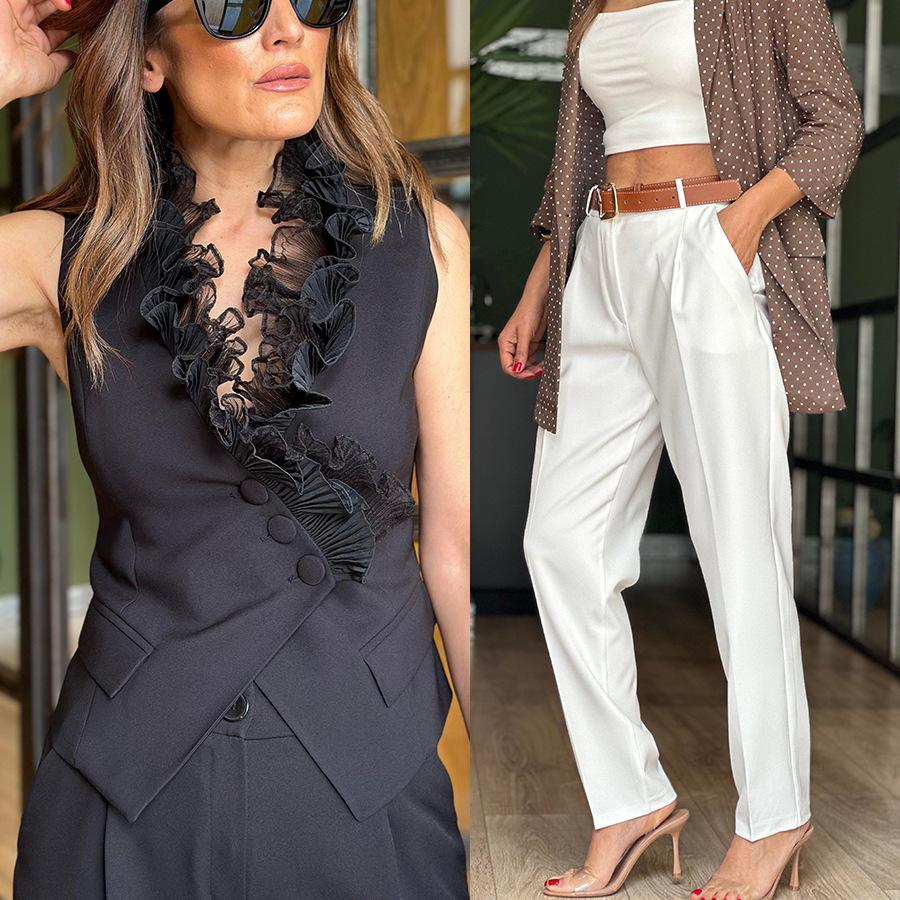 2024 European & American Spring/Summer Sleeveless Pocket Vest & Long Pants Women's Two-Piece Set