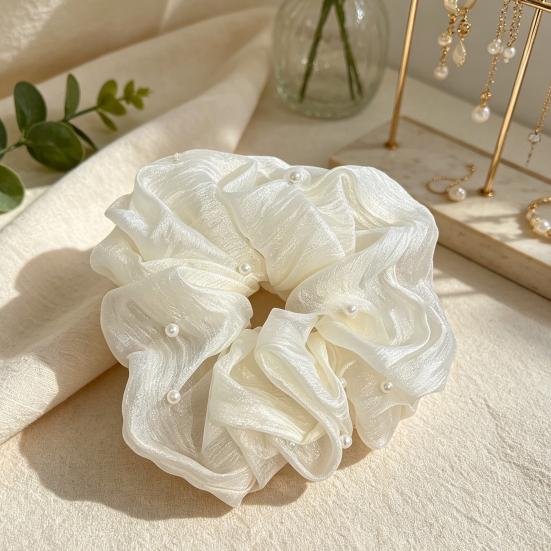Yousheng Hair Tie for Women, Organza Fabric High Elastic Hair Rope, Pure Color Ponytail Holder with Imitation Pearls, Ponytails Buns Hair