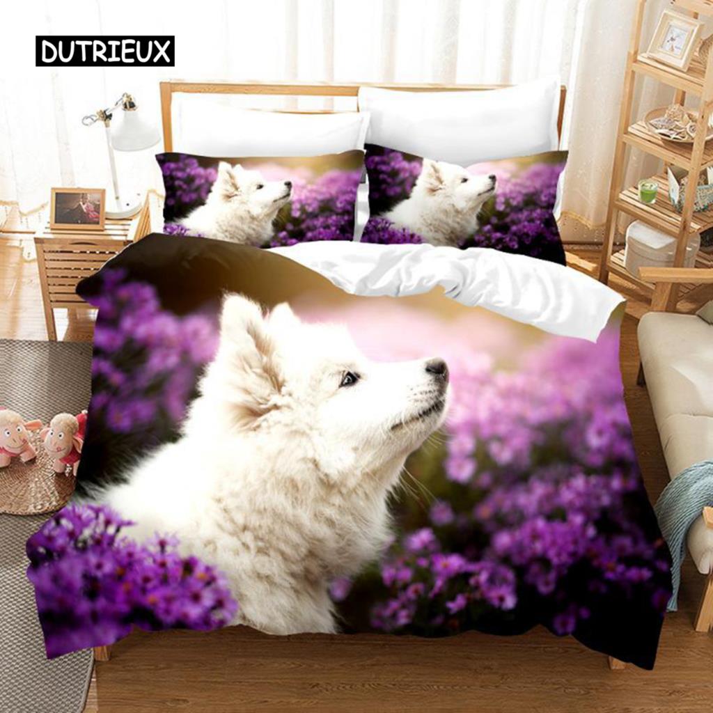 Samoyed Duvet Cover Set Cute Dog Pattern Decor Bedding Set Grass Green for Kids Girls Adults Lovely Animal Polyester Quilt Cover