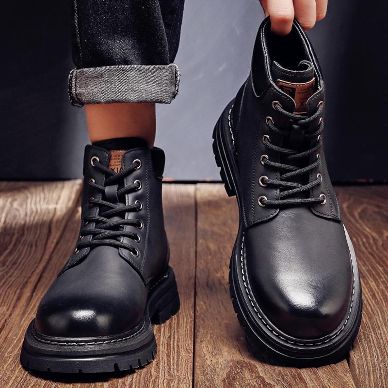 Casual Men's Thick-soled Heightening Trendy British Work Boots Outdoor Autumn And Winter Velvet Thickened Warm Rhubarb Boots