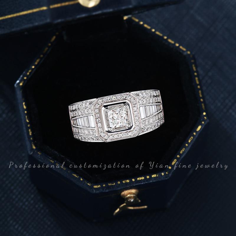 

18K Gold-Plated Platinum Gold Princess Square Diamond Ring For Men, Luxury Group Set With Diamonds 1 Carat Zircon Ring opening adjustable