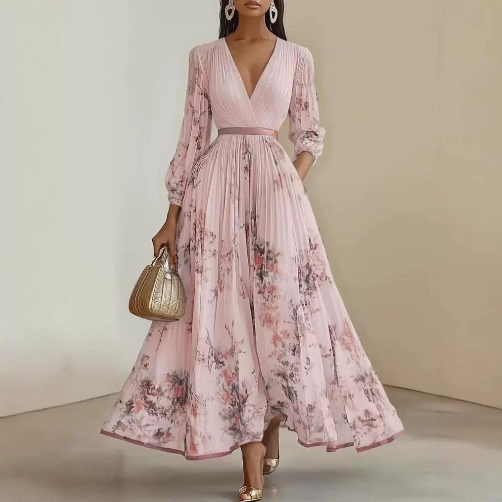 Elegant Plant Flower Printed Vneck Long Dress With Pleated Design For Date Night