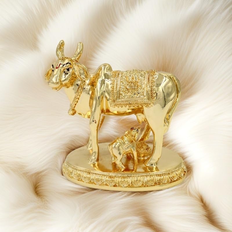 Krishna Kamdhenu Cow With Calf & Krishna Brass Like Metal Showpiece, Gold Idol