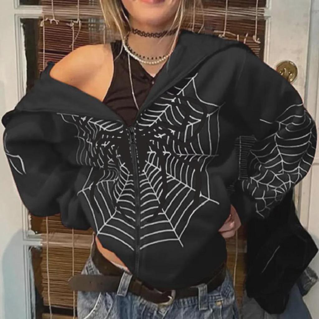 Spider Web Print Y2K Fleece Damen Hoodie - Herbst/Winter Casual Zipper Cardigan