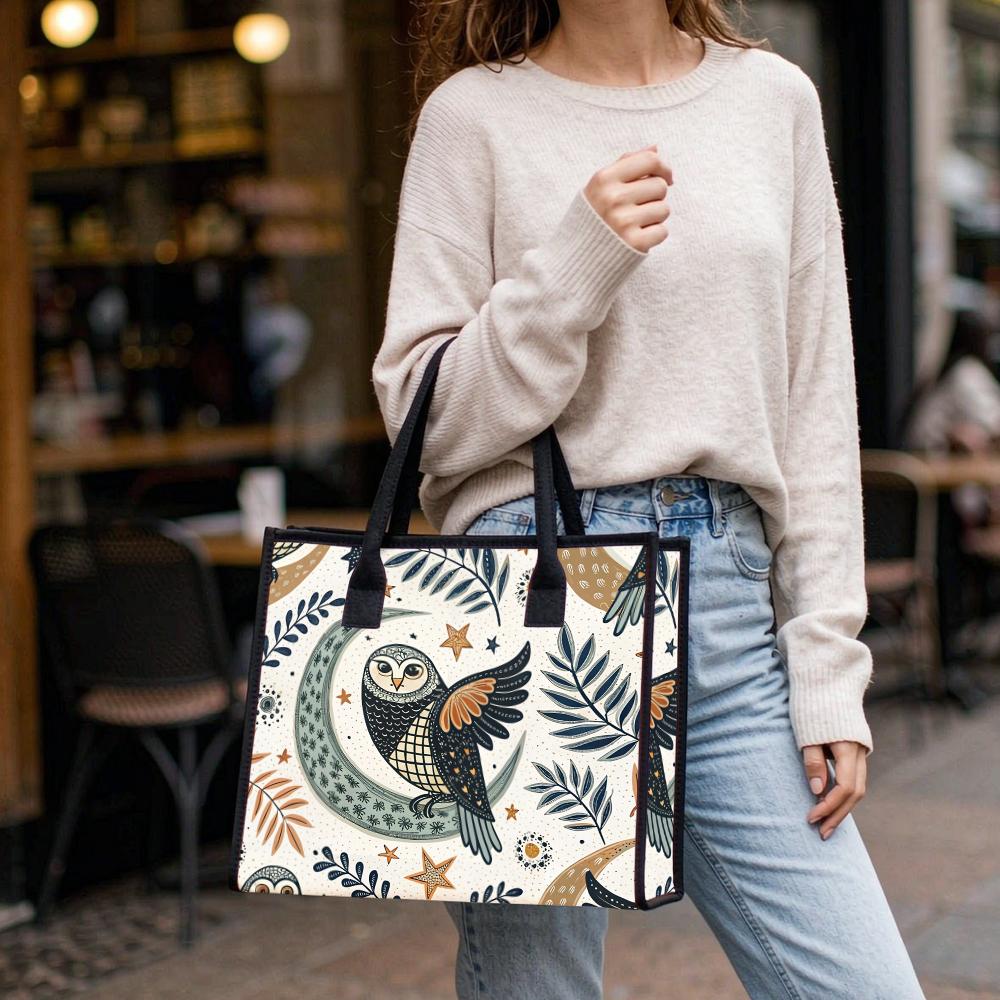 Cute Owl Print Canvas Tote Bag Boho Moon Star Pattern Casual Shoulder Handbag for Daily Shopping Commute