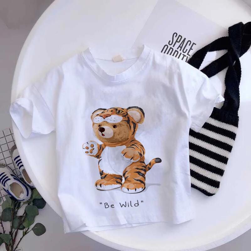 Girls Fashionable Pure Cotton TShirt with Teddy Bear Cartoon Pattern Summer Clothing Fun Childrens Wear Y2K Style