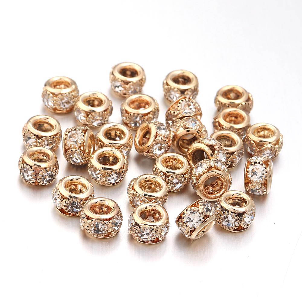 10pcs/lot Brass Rhinestone Metal Spacer Beads Big Hole Crystal Loose Beads For Jewelry Making DIY Necklace Bracelet Accessories
