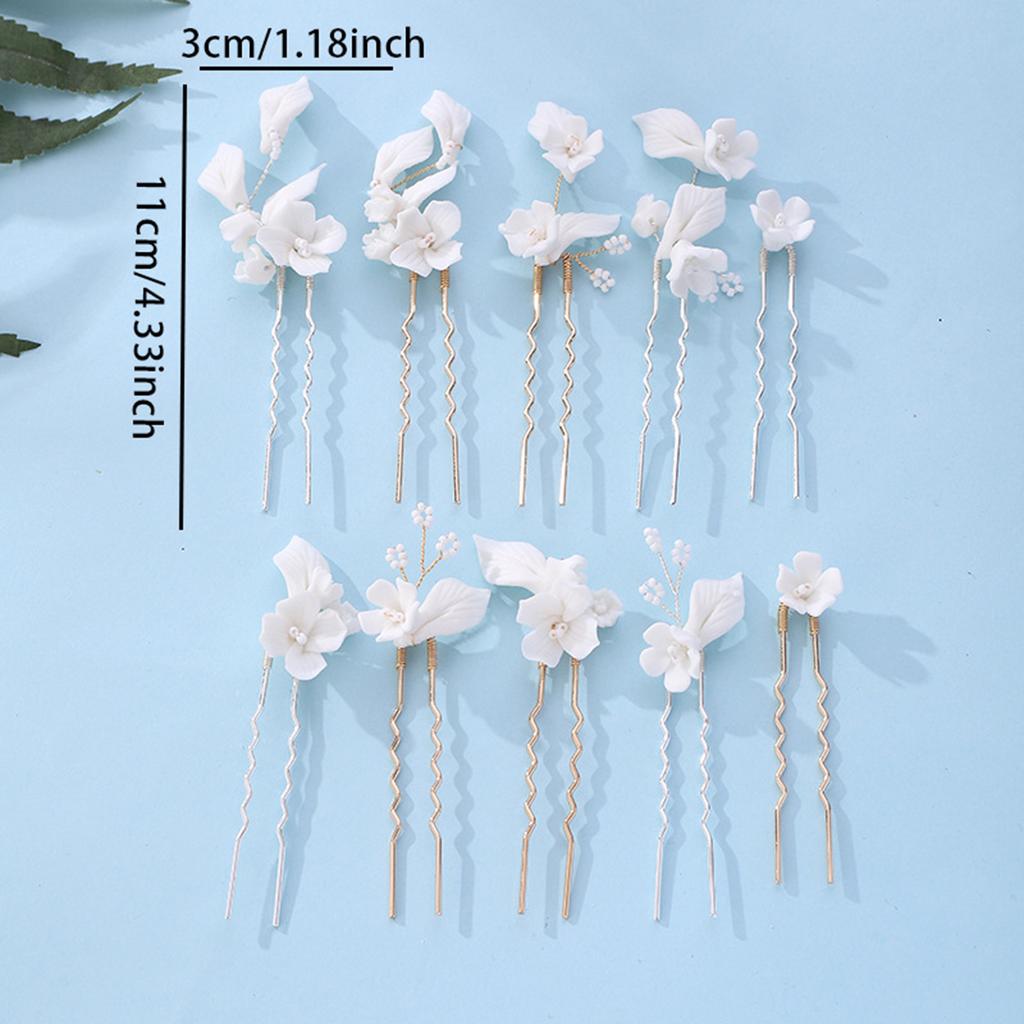 5PCS U-Shape Hairpin with Ceramic Flower Anti-slip Stable Grip Wedding Bridal Headdress for Birthday Stage Party Hairstyle Making