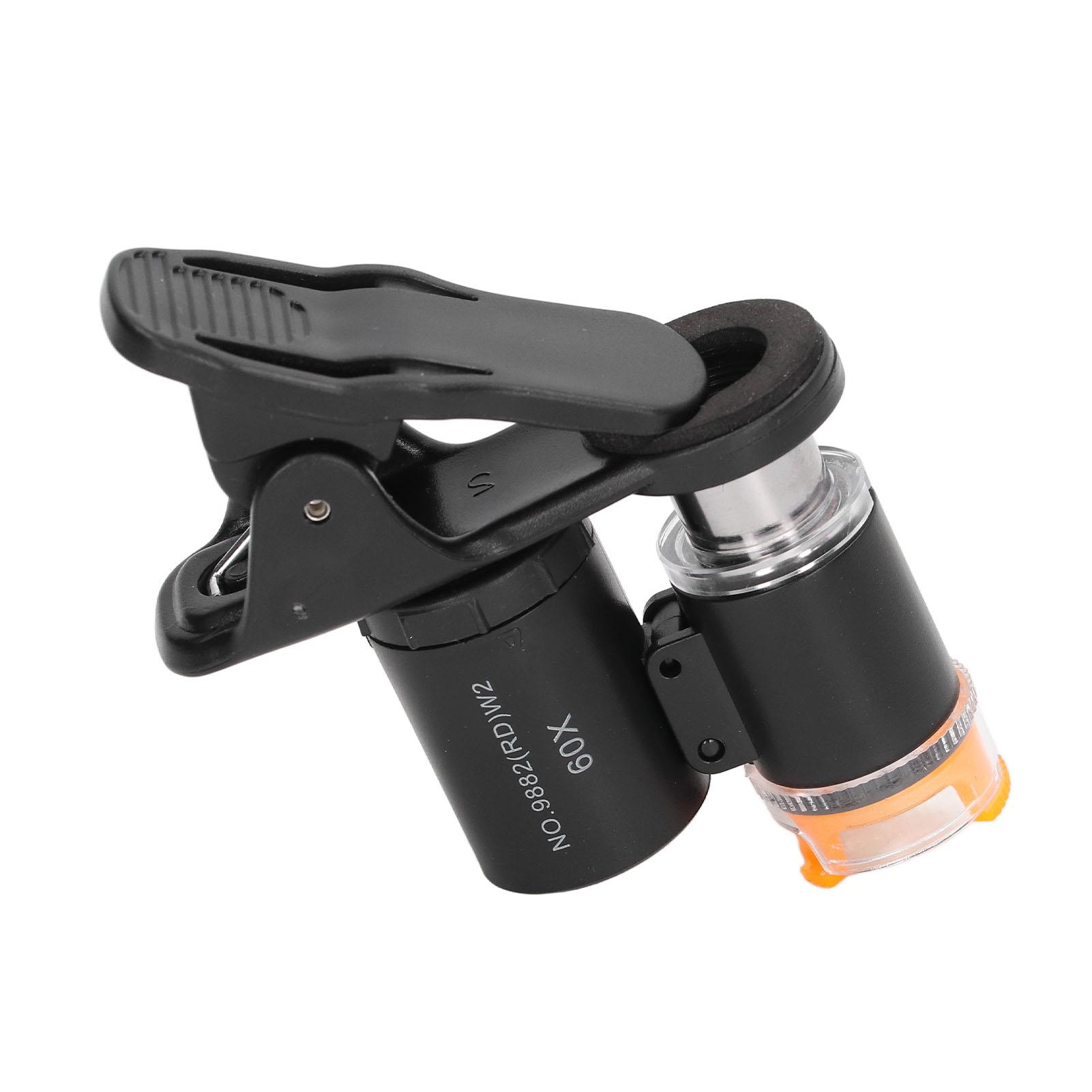 Microscopio portátil para teléfono 60X HD con luz ultravioleta y 2 luces LED, lupa para fotografía, color negro