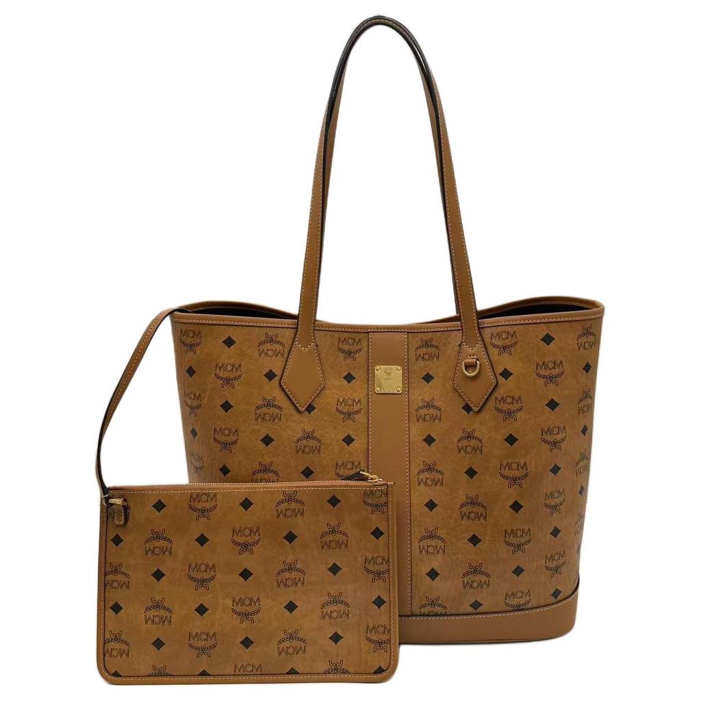 MCM Cognac Visetos Monogram Large Tote Bag with Leather Trim & Central Plaque for Daily & Shopping Use