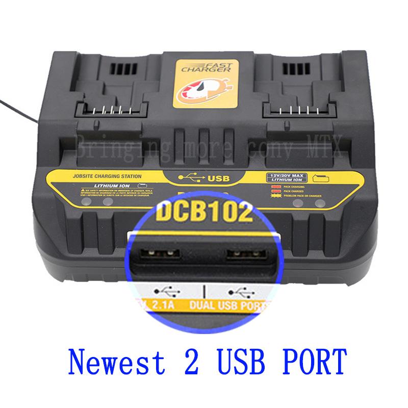 Fast Charging DCB102 Li-ion Battery Charger For DeWalt 12V 14.4V 18V 20V DCB105 DCB200 Double Charging Postion with USB Port New