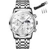 OLEVS 30M Water Analog Quartz Metal Large Moonlight Watch Men's Silver Resistant Wristwatch Band Dial Chronograph