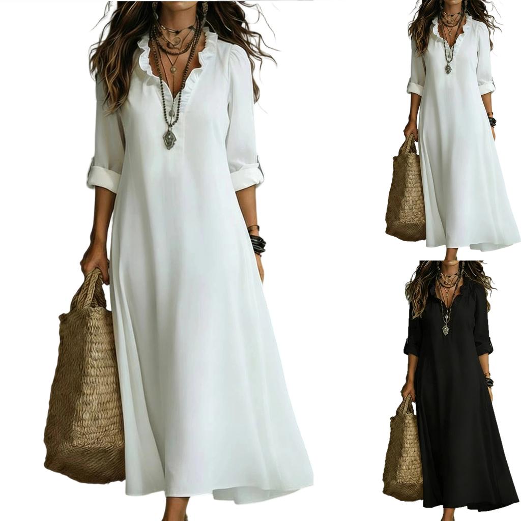 Women’s Summer Relaxed Fit Long Dress Cotton Linen V Neck Ruffle Trim Three Quarter Sleeve Casual Maxi Gown