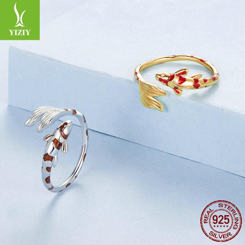 Koi 925 Sterling Silver Open Ring, Chinese Style Red Oil Drop Lucky Ring Jewelry