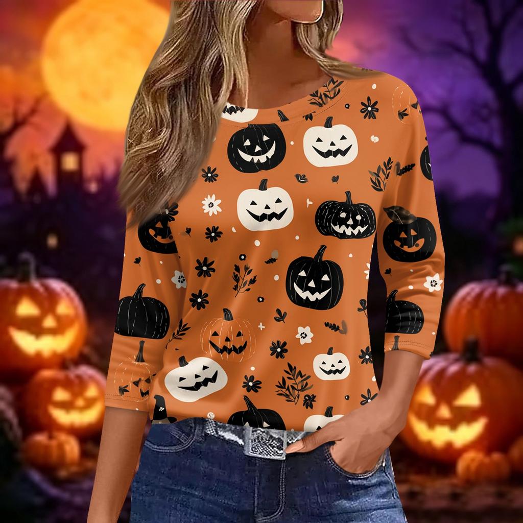 Women's Fashion Casual Short Sleeve Neck Top with Halloween and Pumpkin Print