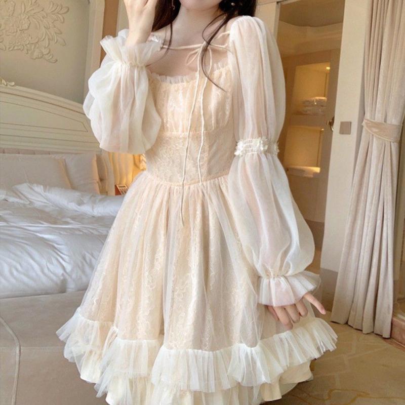 Sommer A-linie Rüschen Mesh Kleid Frauen Koreanische Süße Apricot Frauen Mini Kleid Quadrat Kragen Lange Puff Sleeve Prinzessin Kleider 28498