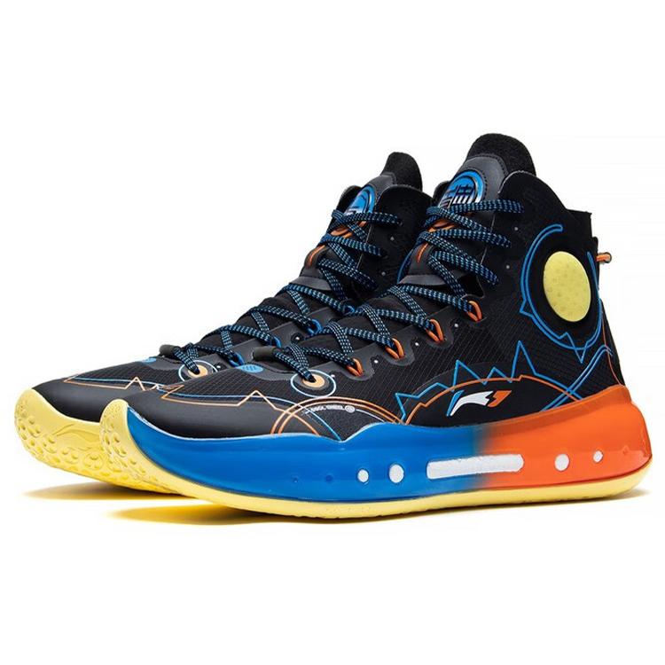 Li Ning YuShuai 14 Boom Thunderstorm Textile, TPU Slip Resistant High Top Basketball Shoes Men's Black Blue Orange ABAQ033-28