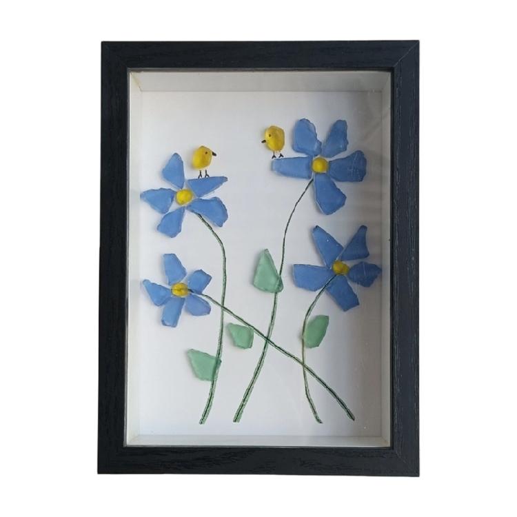 

Forget Me Not Flower Birds Sea Glass Art Decors Handmade Sea Glass Artwork,Mini Frame Table Decors Home Decoration